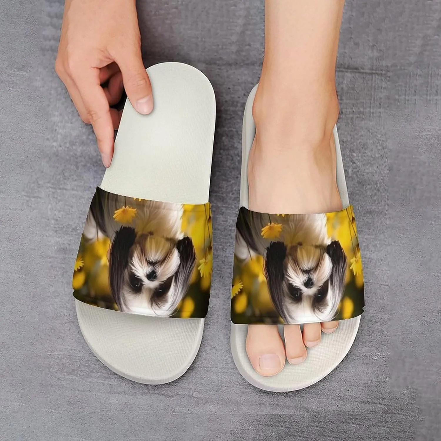 Flower Field Cute Shih Tzu Dog Open Toe Slippers for Women And Men Non Slip Shower Slippers Home Slippers