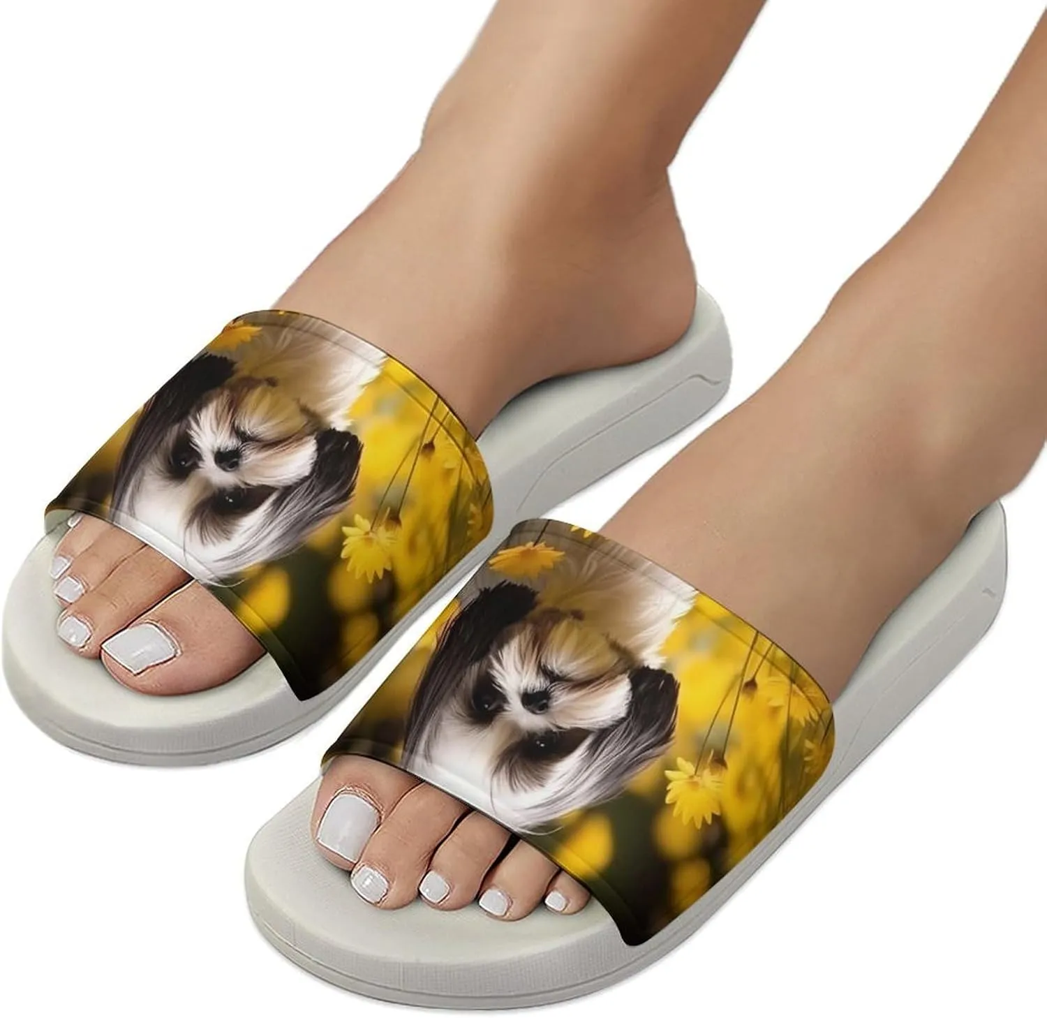 Flower Field Cute Shih Tzu Dog Open Toe Slippers for Women And Men Non Slip Shower Slippers Home Slippers