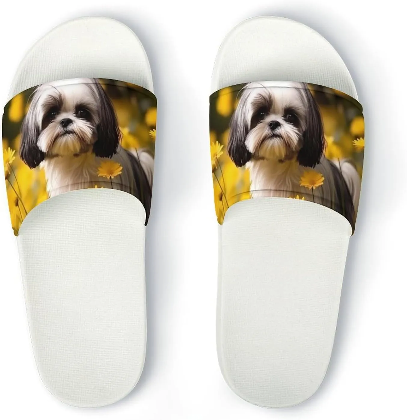 Flower Field Cute Shih Tzu Dog Open Toe Slippers for Women And Men Non Slip Shower Slippers Home Slippers