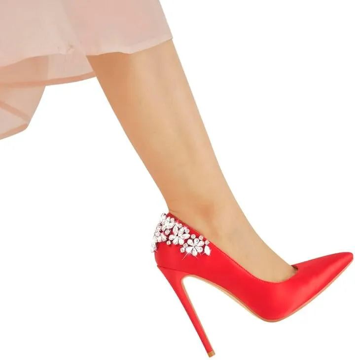 Flower Rhinestone Pointed Toe Stiletto Pumps