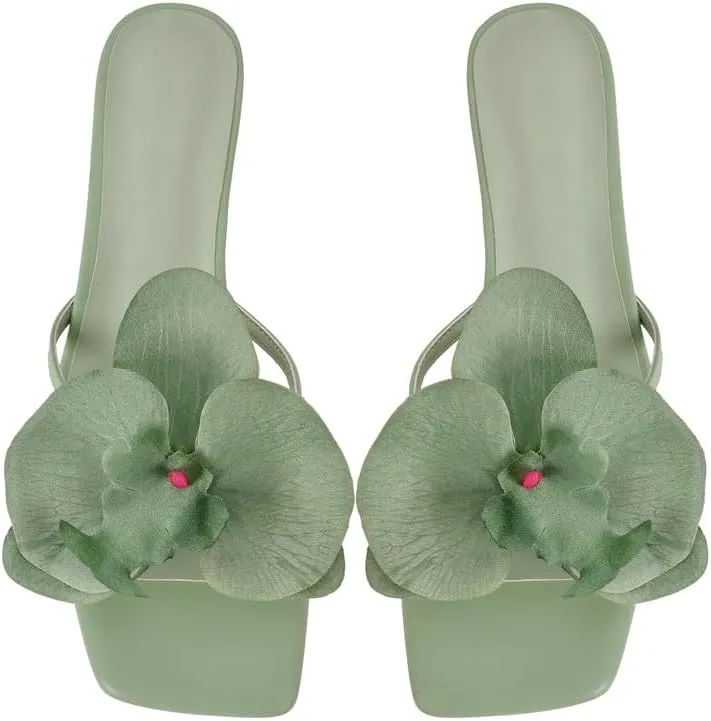 Flower Square Toe Low Heel Sandals