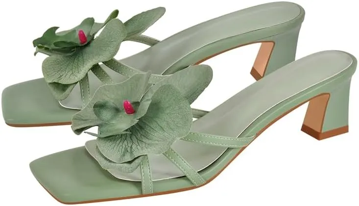 Flower Square Toe Low Heel Sandals