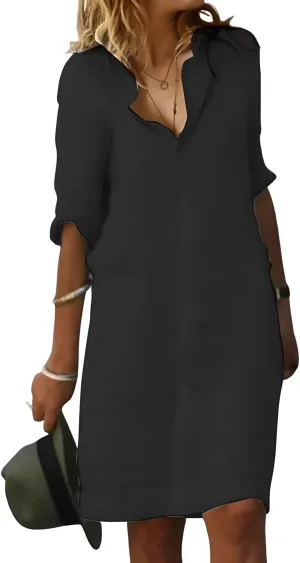 Fronage Women's Summer Midi Shirt Dresses Button Down 1/2 Sleeve Lapel Casual Cotton Linen Dress