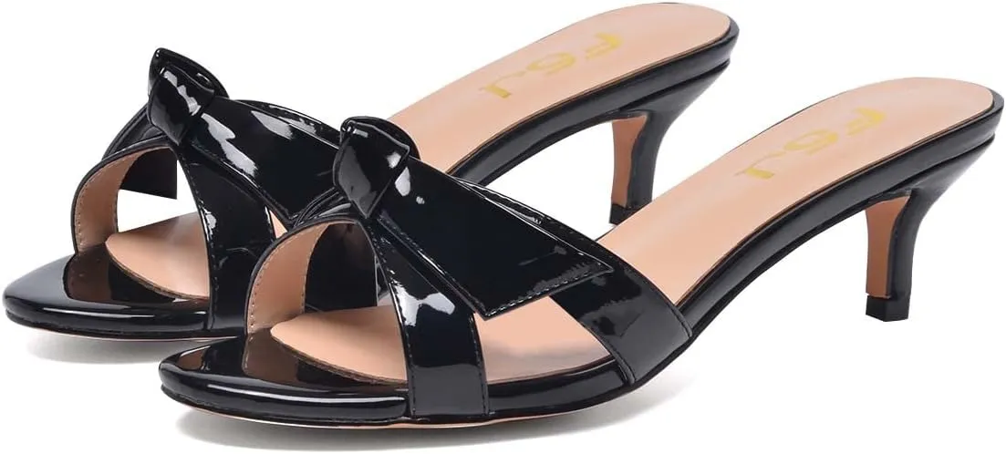 FSJ Women Cute Bowknot Slip On Mules Summer Open Toe Kitten Low Heel Sandal Ladies Casual Comfy Walking Dress Shoes Size 4-15 M US