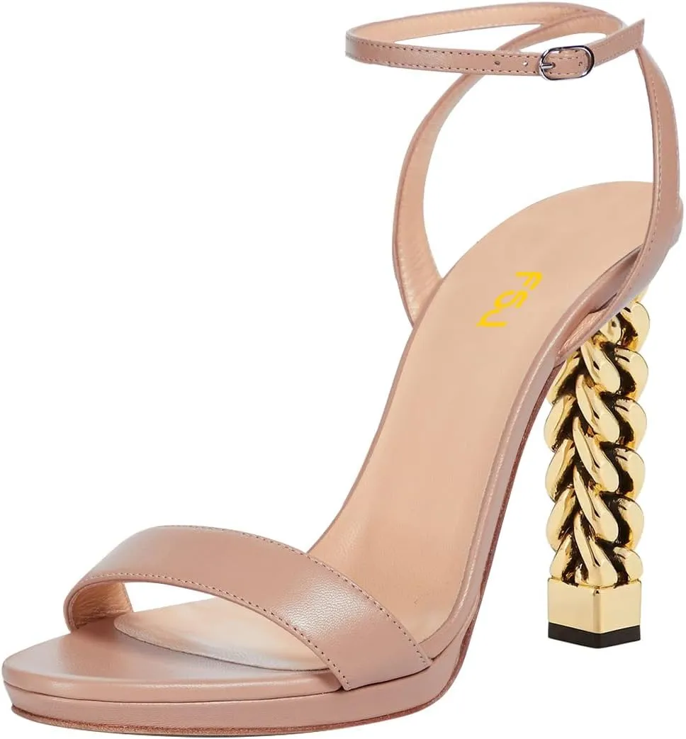 FSJ Women Gold Metal Chain Thick High Heel Sandals Open Toe Strappy Ankle Buckle Strap Slingback Comfy Summer Dress Shoes Silver Black 4-15 US