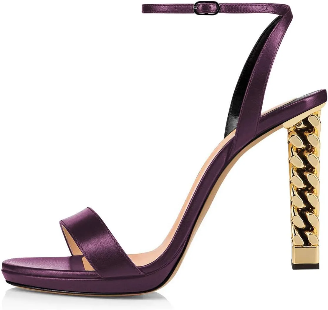 FSJ Women Gold Metal Chain Thick High Heel Sandals Open Toe Strappy Ankle Buckle Strap Slingback Comfy Summer Dress Shoes Silver Black 4-15 US