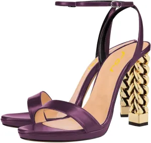 FSJ Women Gold Metal Chain Thick High Heel Sandals Open Toe Strappy Ankle Buckle Strap Slingback Comfy Summer Dress Shoes Silver Black 4-15 US