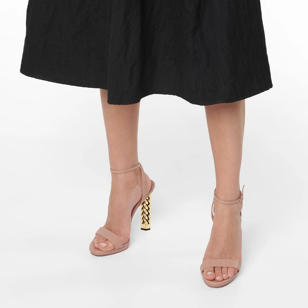 FSJ Women Gold Metal Chain Thick High Heel Sandals Open Toe Strappy Ankle Buckle Strap Slingback Comfy Summer Dress Shoes Silver Black 4-15 US