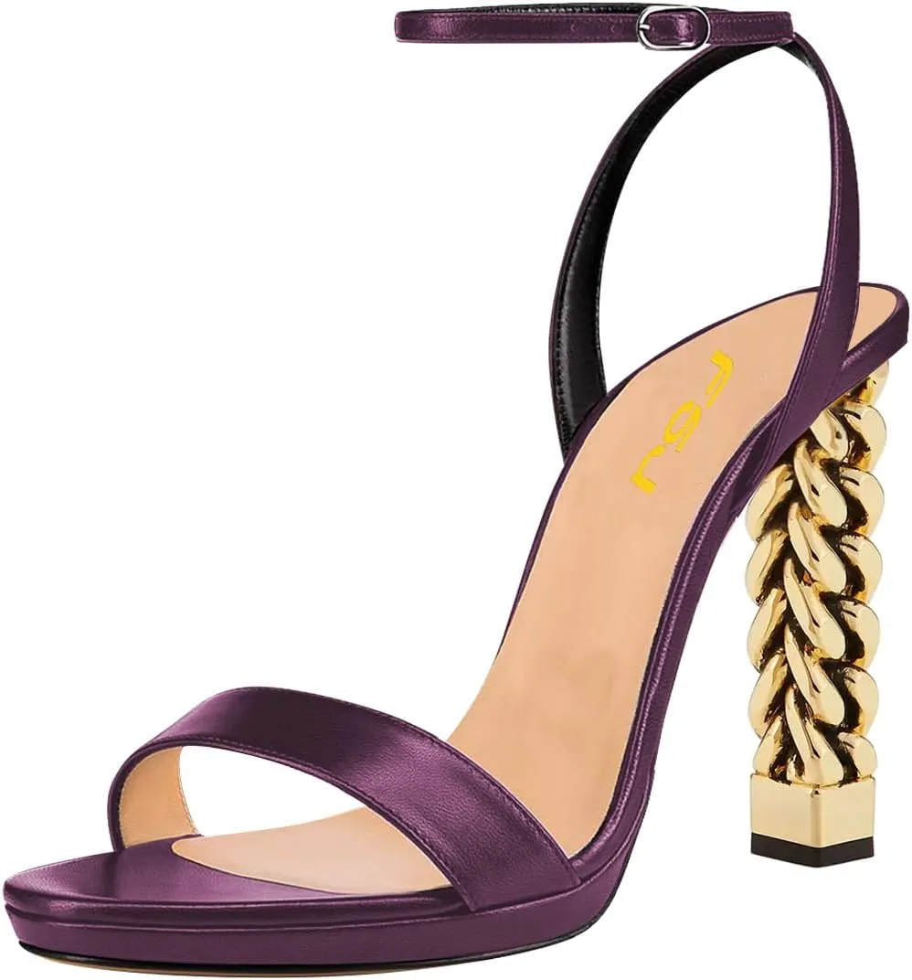 FSJ Women Gold Metal Chain Thick High Heel Sandals Open Toe Strappy Ankle Buckle Strap Slingback Comfy Summer Dress Shoes Silver Black 4-15 US