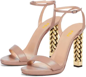 FSJ Women Gold Metal Chain Thick High Heel Sandals Open Toe Strappy Ankle Buckle Strap Slingback Comfy Summer Dress Shoes Silver Black 4-15 US