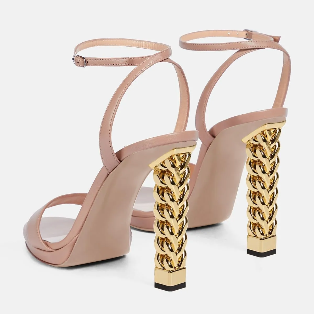 FSJ Women Gold Metal Chain Thick High Heel Sandals Open Toe Strappy Ankle Buckle Strap Slingback Comfy Summer Dress Shoes Silver Black 4-15 US