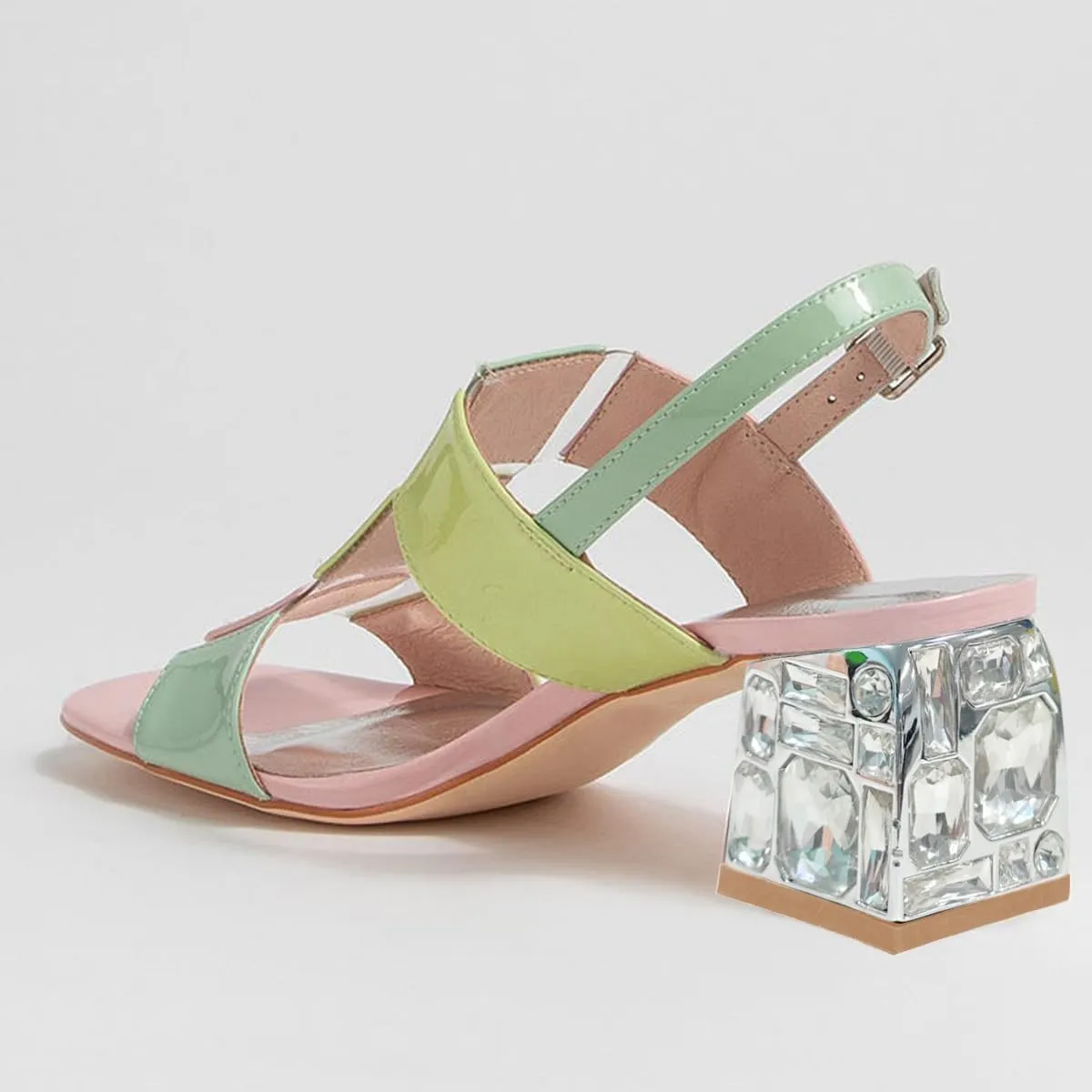 FSJ Women Open Toe Heeled Sandals Chunky Mid Heel Slingbacks T Strap Buckle Multicolor Band Crystal Block Heel Versatile Comfy Shoes Size 4-16 US