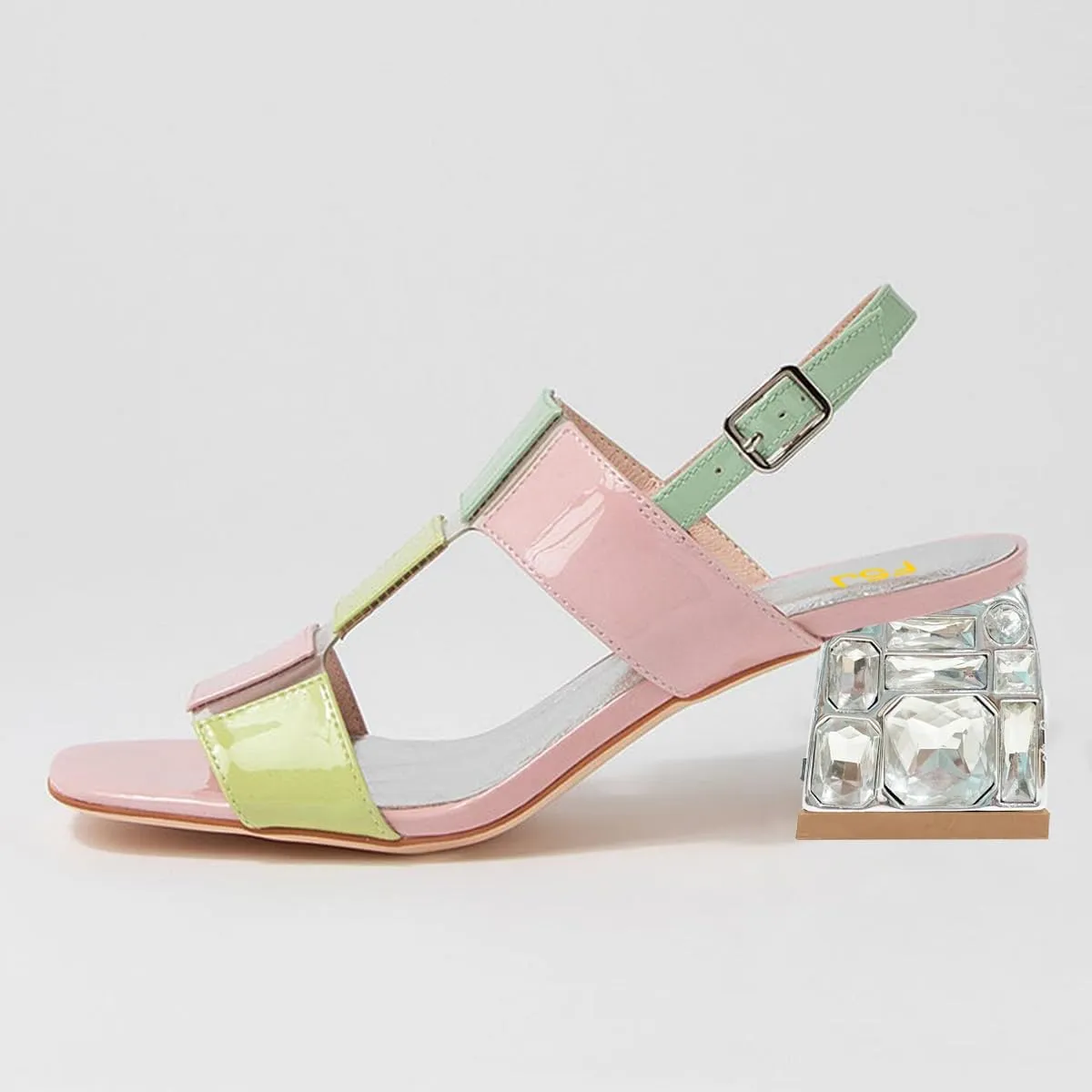 FSJ Women Open Toe Heeled Sandals Chunky Mid Heel Slingbacks T Strap Buckle Multicolor Band Crystal Block Heel Versatile Comfy Shoes Size 4-16 US