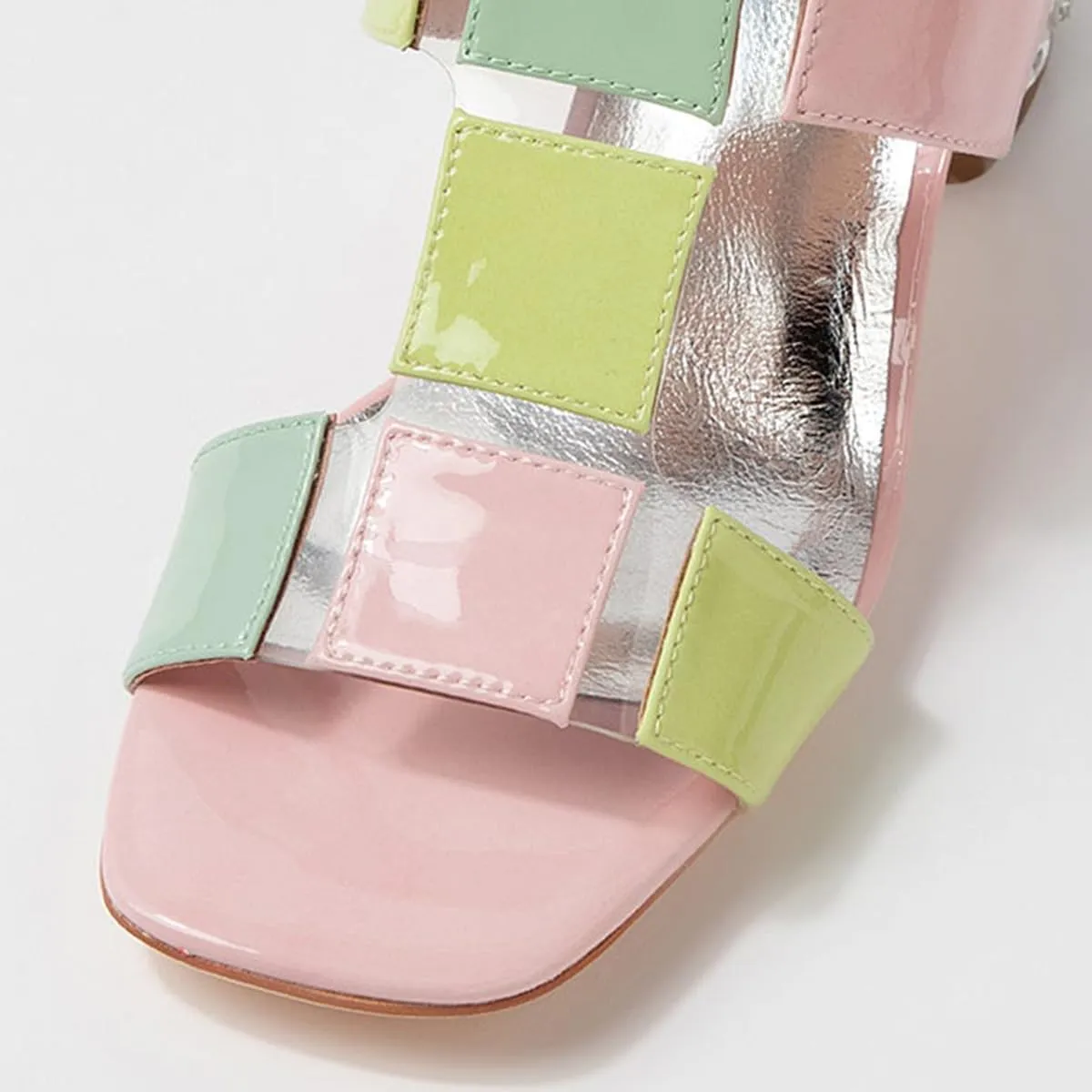 FSJ Women Open Toe Heeled Sandals Chunky Mid Heel Slingbacks T Strap Buckle Multicolor Band Crystal Block Heel Versatile Comfy Shoes Size 4-16 US