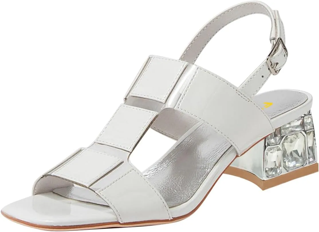 FSJ Women Open Toe Heeled Sandals Chunky Mid Heel Slingbacks T Strap Buckle Multicolor Band Crystal Block Heel Versatile Comfy Shoes Size 4-16 US
