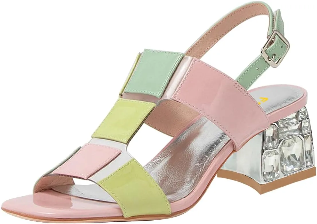 FSJ Women Open Toe Heeled Sandals Chunky Mid Heel Slingbacks T Strap Buckle Multicolor Band Crystal Block Heel Versatile Comfy Shoes Size 4-16 US