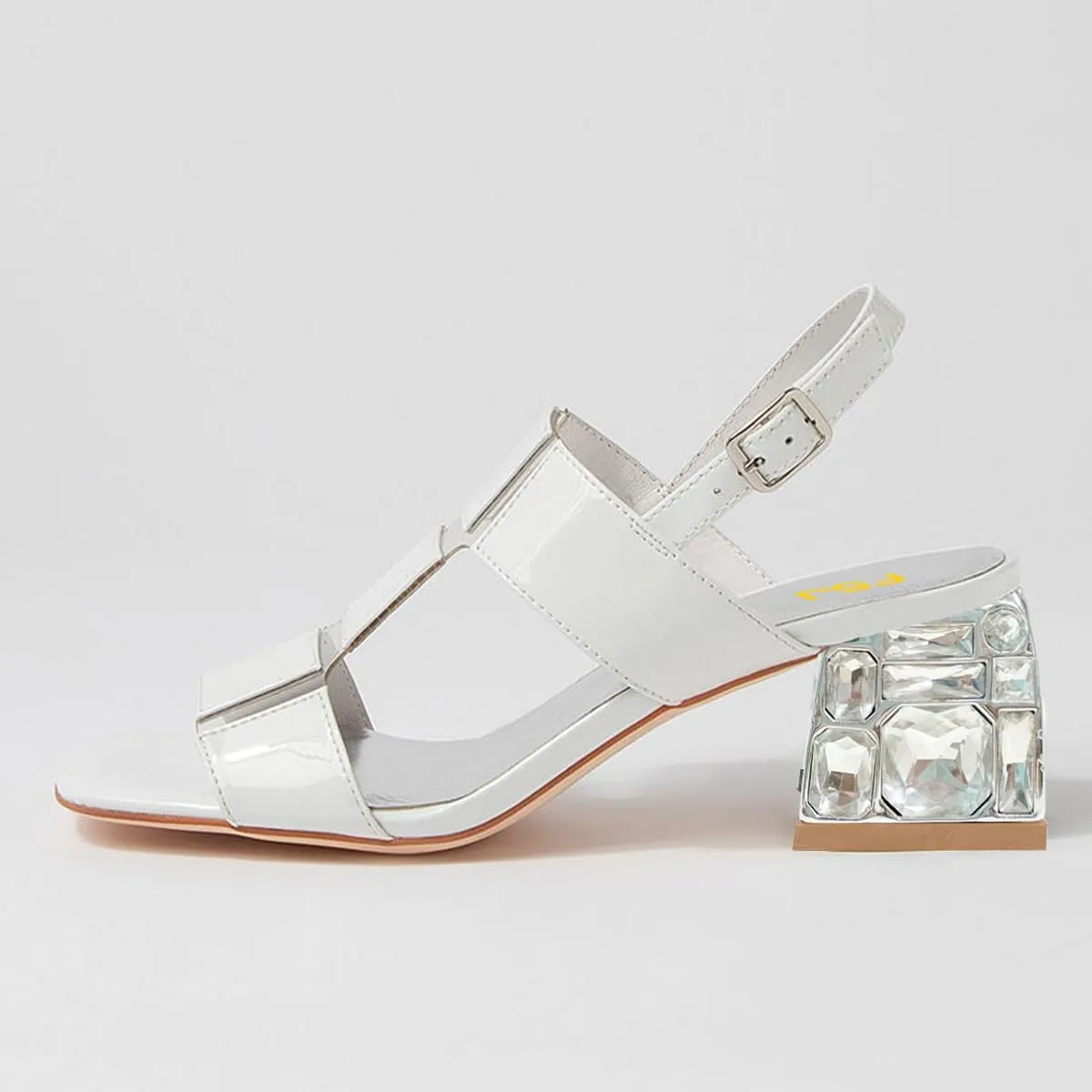 FSJ Women Open Toe Heeled Sandals Chunky Mid Heel Slingbacks T Strap Buckle Multicolor Band Crystal Block Heel Versatile Comfy Shoes Size 4-16 US