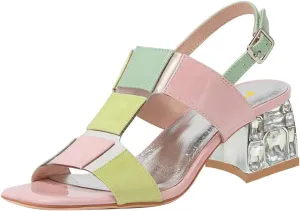 FSJ Women Open Toe Heeled Sandals Chunky Mid Heel Slingbacks T Strap Buckle Multicolor Band Crystal Block Heel Versatile Comfy Shoes Size 4-16 US