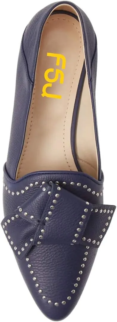 FSJ Women Trendy Point Toe Studs Loafer Flats Slip On Low Heels Pumps Bowknot Comfort Casual Formal Dress Shoes Size 4-15 US