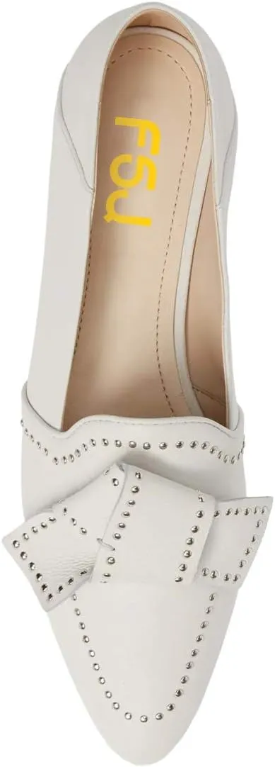 FSJ Women Trendy Point Toe Studs Loafer Flats Slip On Low Heels Pumps Bowknot Comfort Casual Formal Dress Shoes Size 4-15 US