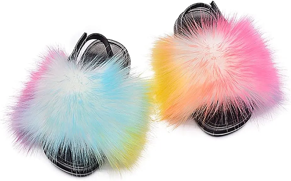 Girls Faux Fur Slides Colorful Toddler Slippers Furry Sandals Shoes with Elastic Back Strap