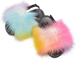 Girls Faux Fur Slides Colorful Toddler Slippers Furry Sandals Shoes with Elastic Back Strap