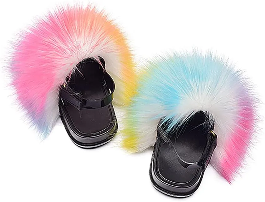 Girls Faux Fur Slides Colorful Toddler Slippers Furry Sandals Shoes with Elastic Back Strap
