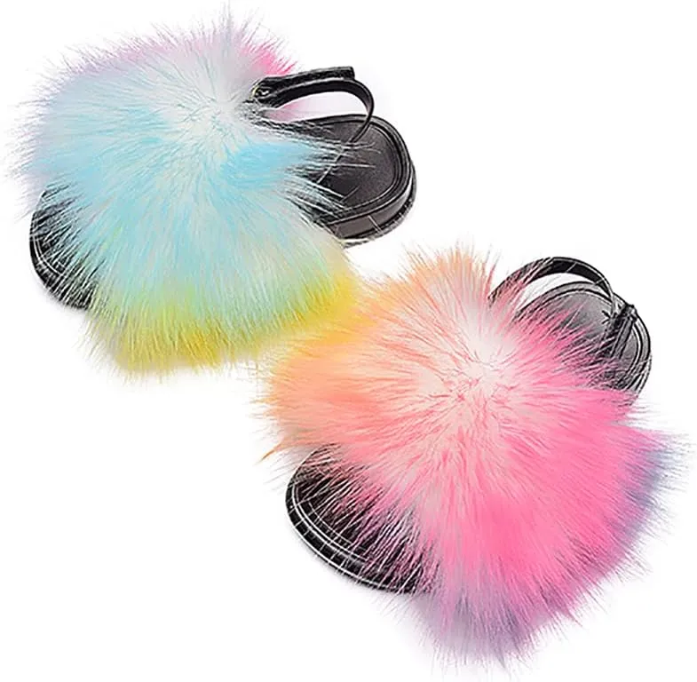 Girls Faux Fur Slides Colorful Toddler Slippers Furry Sandals Shoes with Elastic Back Strap