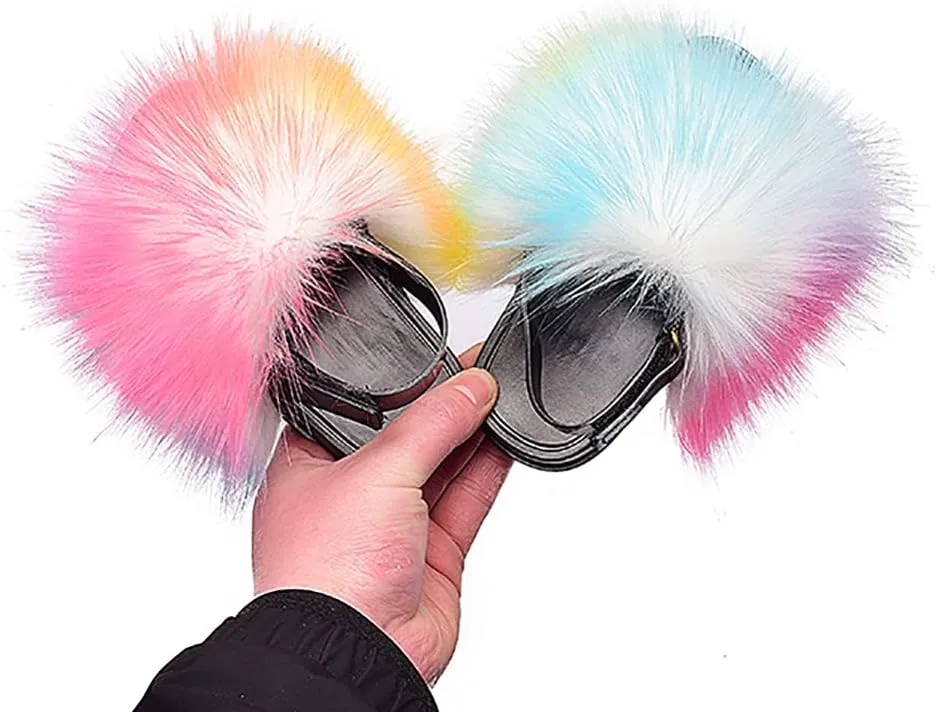 Girls Faux Fur Slides Colorful Toddler Slippers Furry Sandals Shoes with Elastic Back Strap