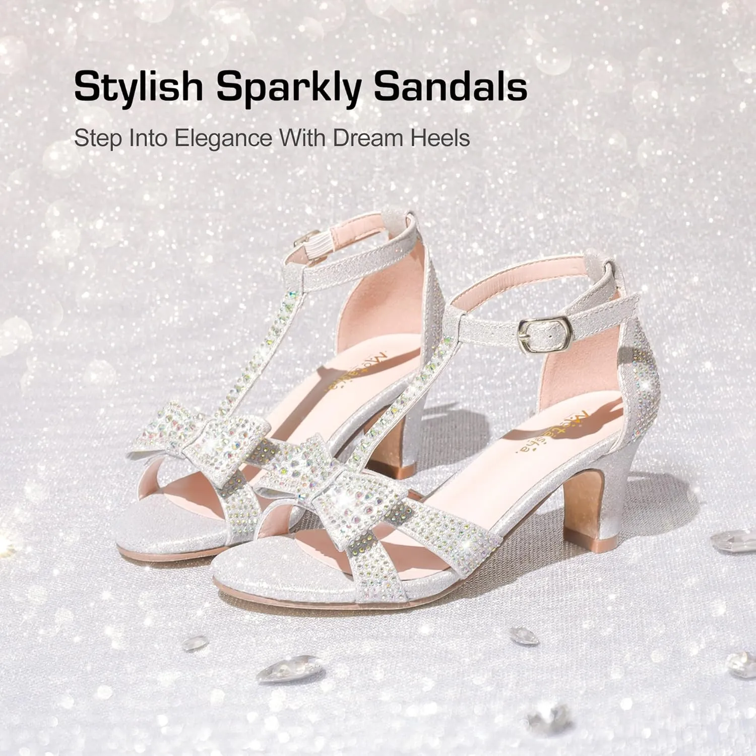 Girls Heel Sandals Dress Pump Open Toe T Strap Rhinestone Sandals Wedding Party Prom Shoes Little Big Kids