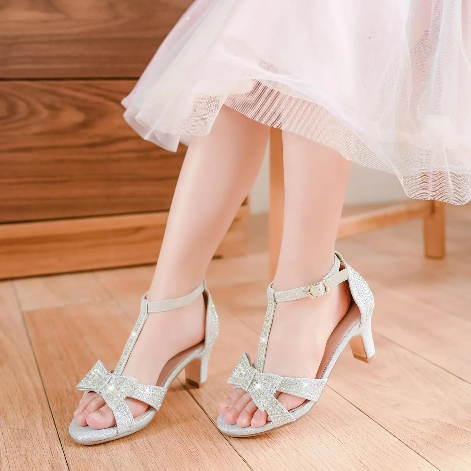 Girls Heel Sandals Dress Pump Open Toe T Strap Rhinestone Sandals Wedding Party Prom Shoes Little Big Kids
