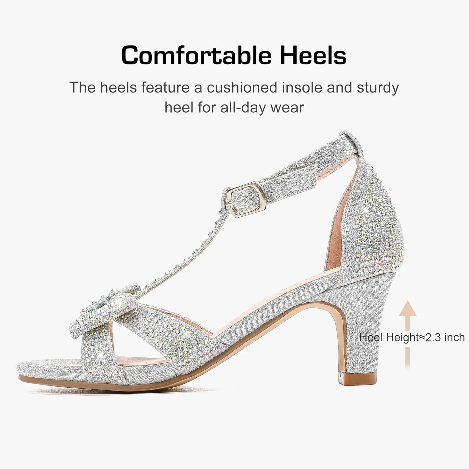 Girls Heel Sandals Dress Pump Open Toe T Strap Rhinestone Sandals Wedding Party Prom Shoes Little Big Kids
