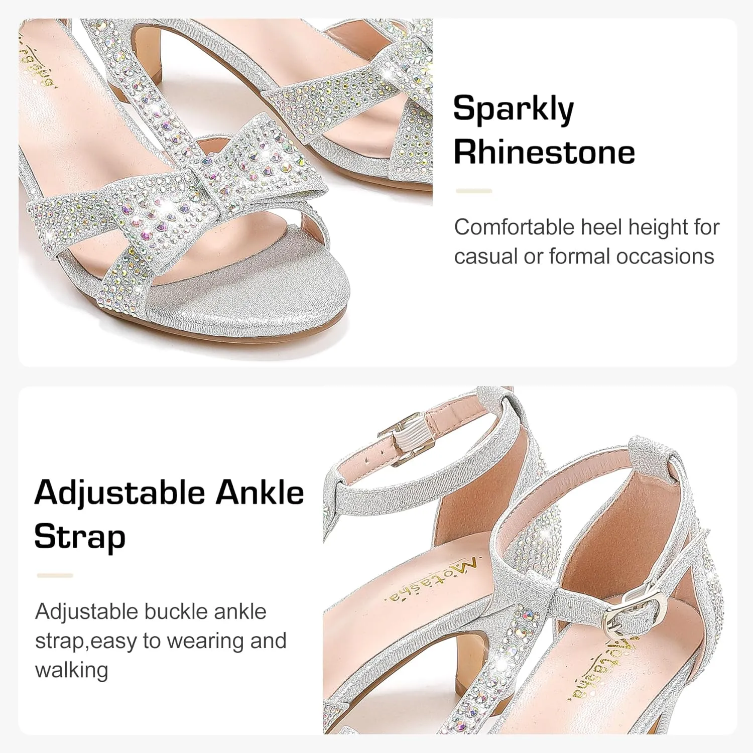 Girls Heel Sandals Dress Pump Open Toe T Strap Rhinestone Sandals Wedding Party Prom Shoes Little Big Kids