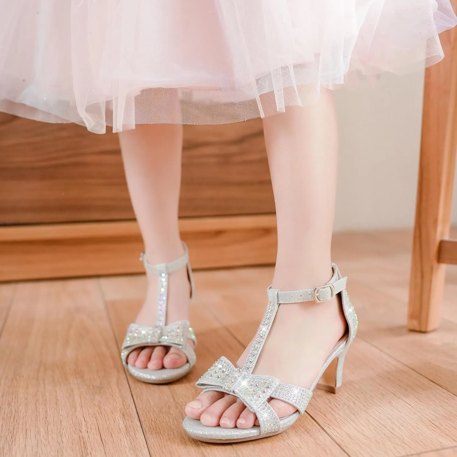 Girls Heel Sandals Dress Pump Open Toe T Strap Rhinestone Sandals Wedding Party Prom Shoes Little Big Kids