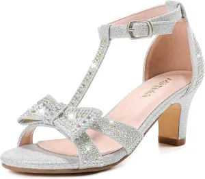 Girls Heel Sandals Dress Pump Open Toe T Strap Rhinestone Sandals Wedding Party Prom Shoes Little Big Kids