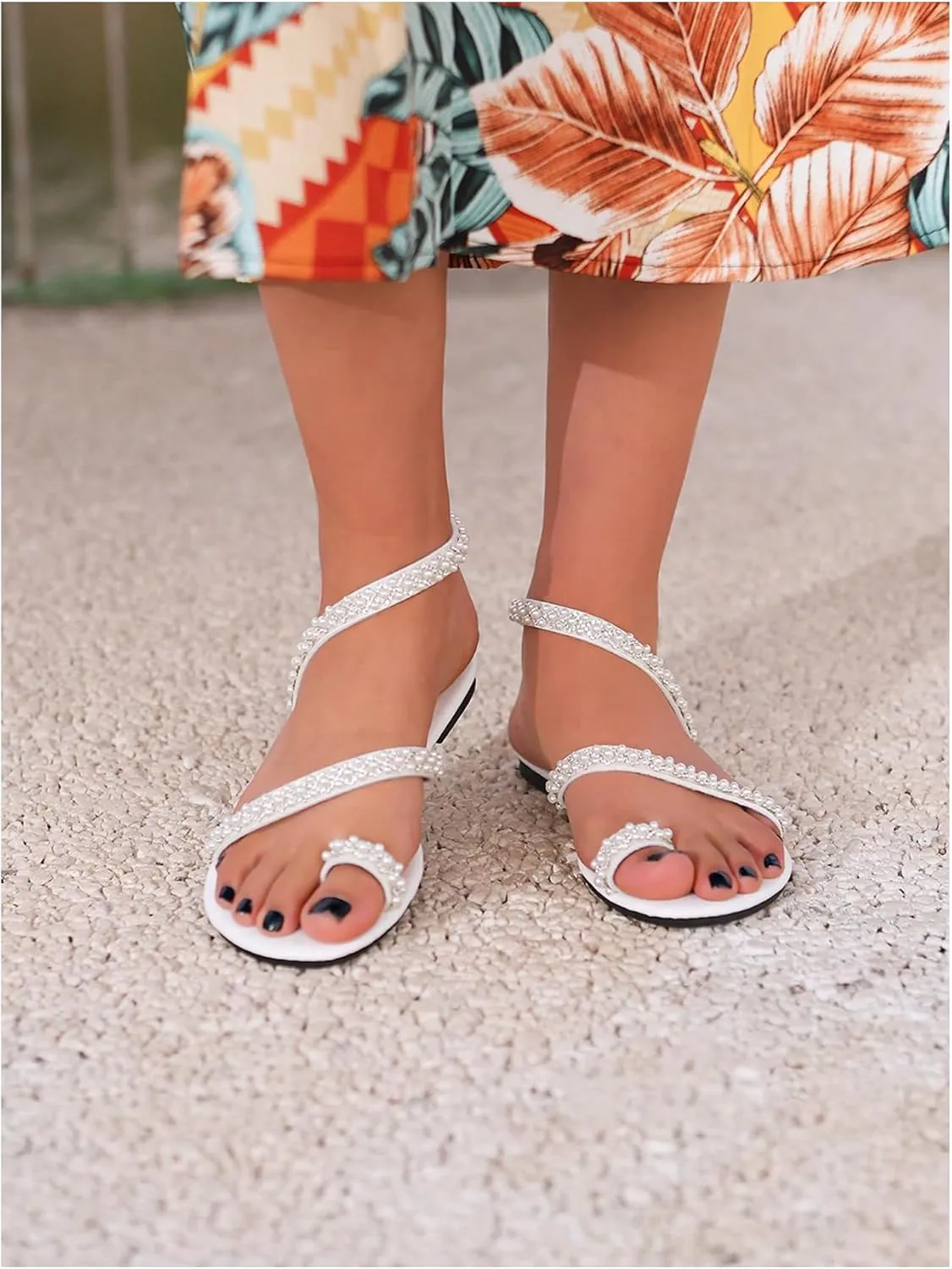 GORGLITTER Women's Pearl Strappy Flat Sandals Beaded Ankle Strap Toe Ring Summer Sandal