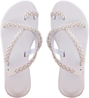 GORGLITTER Women's Pearl Strappy Flat Sandals Beaded Ankle Strap Toe Ring Summer Sandal