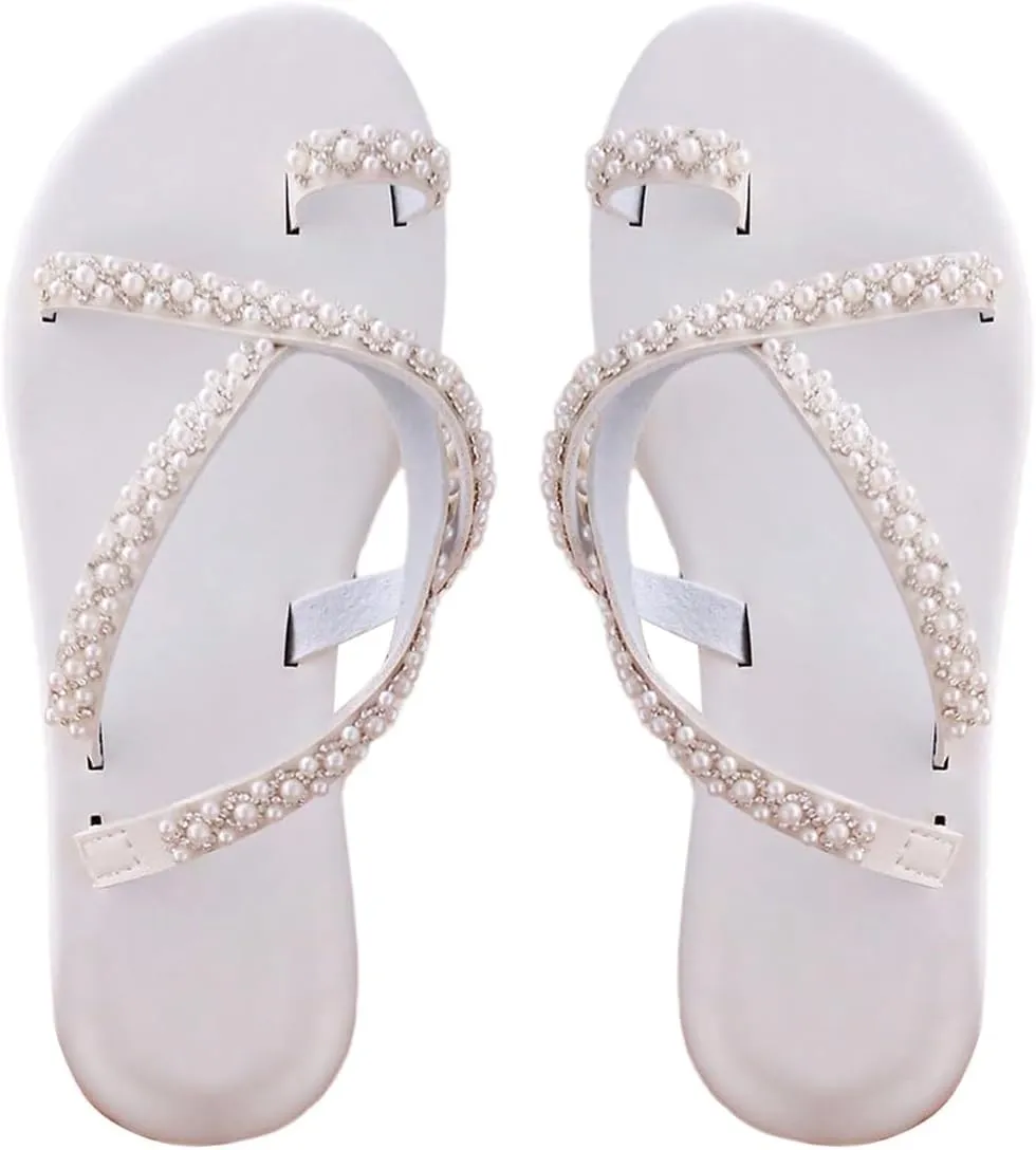 GORGLITTER Women's Pearl Strappy Flat Sandals Beaded Ankle Strap Toe Ring Summer Sandal