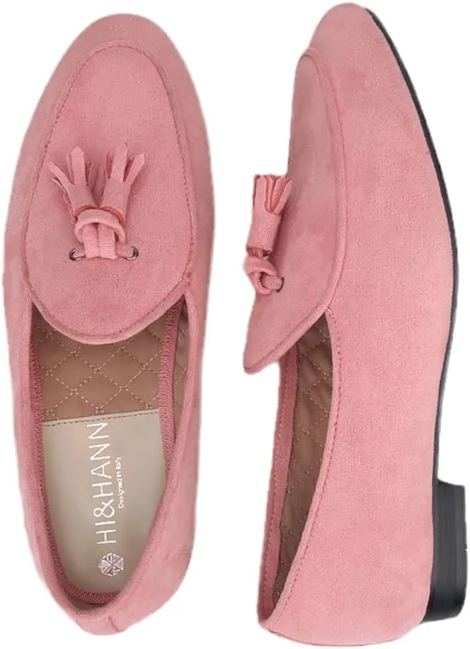 HI&HANN 2021 New Pink Color Velvet Tassel Men Loafers British Style Classic Men Smoking Slippers for Wedding and Party Plus Size