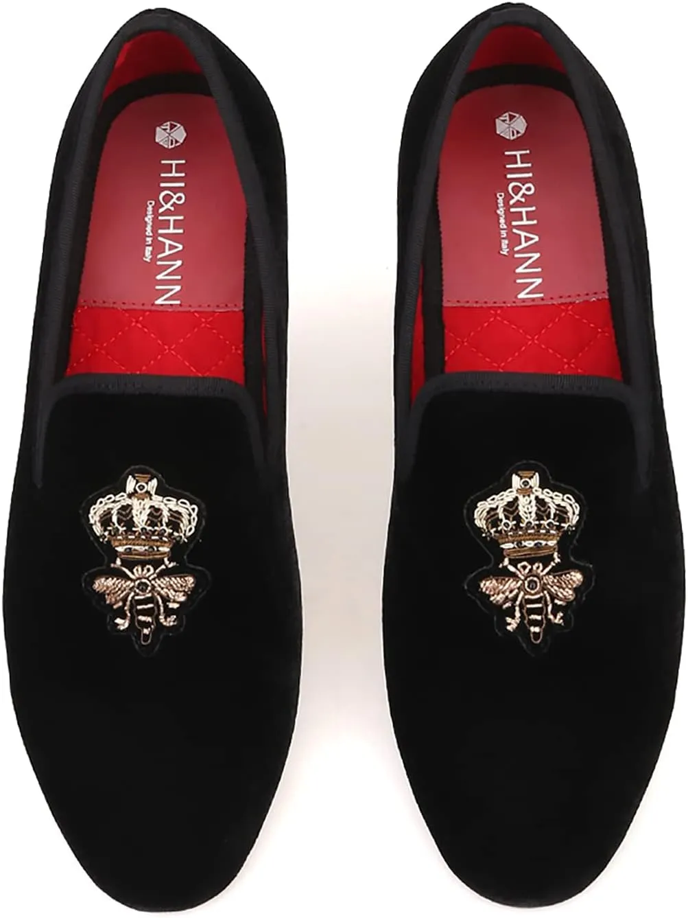 HI&HANN Bees Indian Silk Embroidery Men's Velvet Loafer Shoes Slip-on Loafer Round Toes Smoking Slipper