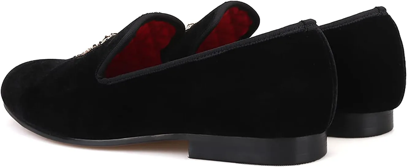 HI&HANN Bees Indian Silk Embroidery Men's Velvet Loafer Shoes Slip-on Loafer Round Toes Smoking Slipper