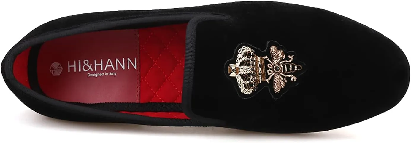 HI&HANN Bees Indian Silk Embroidery Men's Velvet Loafer Shoes Slip-on Loafer Round Toes Smoking Slipper