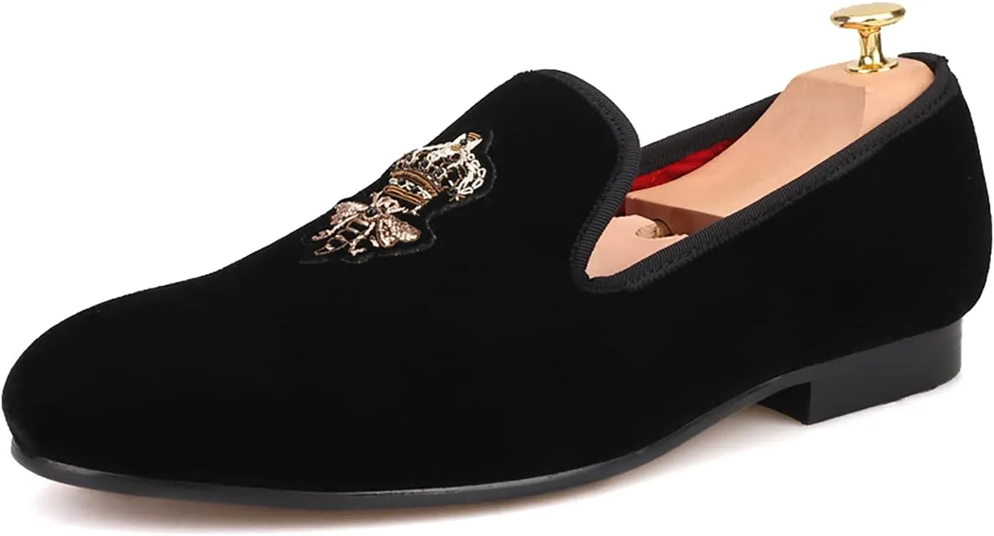 HI&HANN Bees Indian Silk Embroidery Men's Velvet Loafer Shoes Slip-on Loafer Round Toes Smoking Slipper