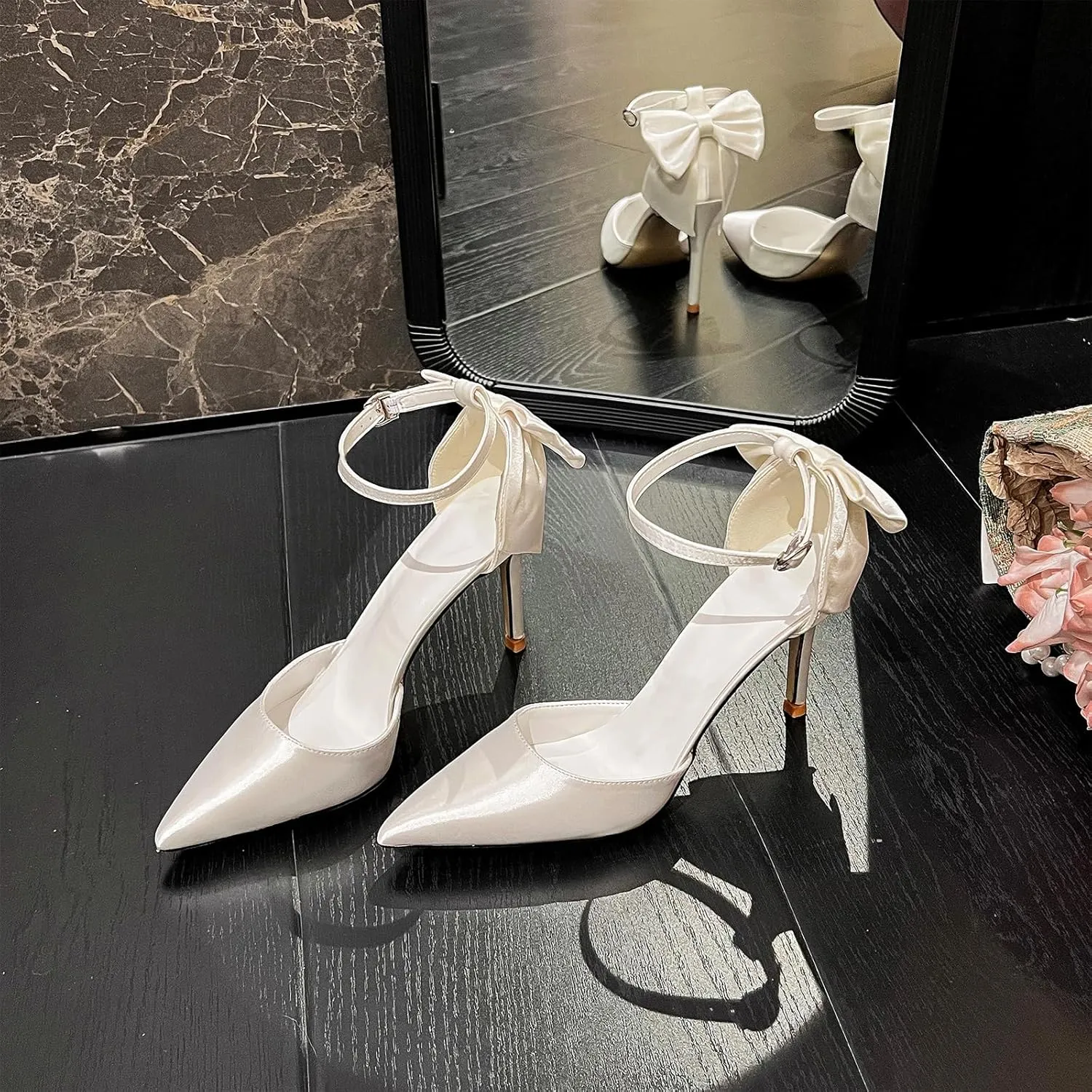 HIPPOSEUS Women's Satin Pumps Stiletto Heel Pointed Toe Bridal Shoes Bow Wedding Party Shoes