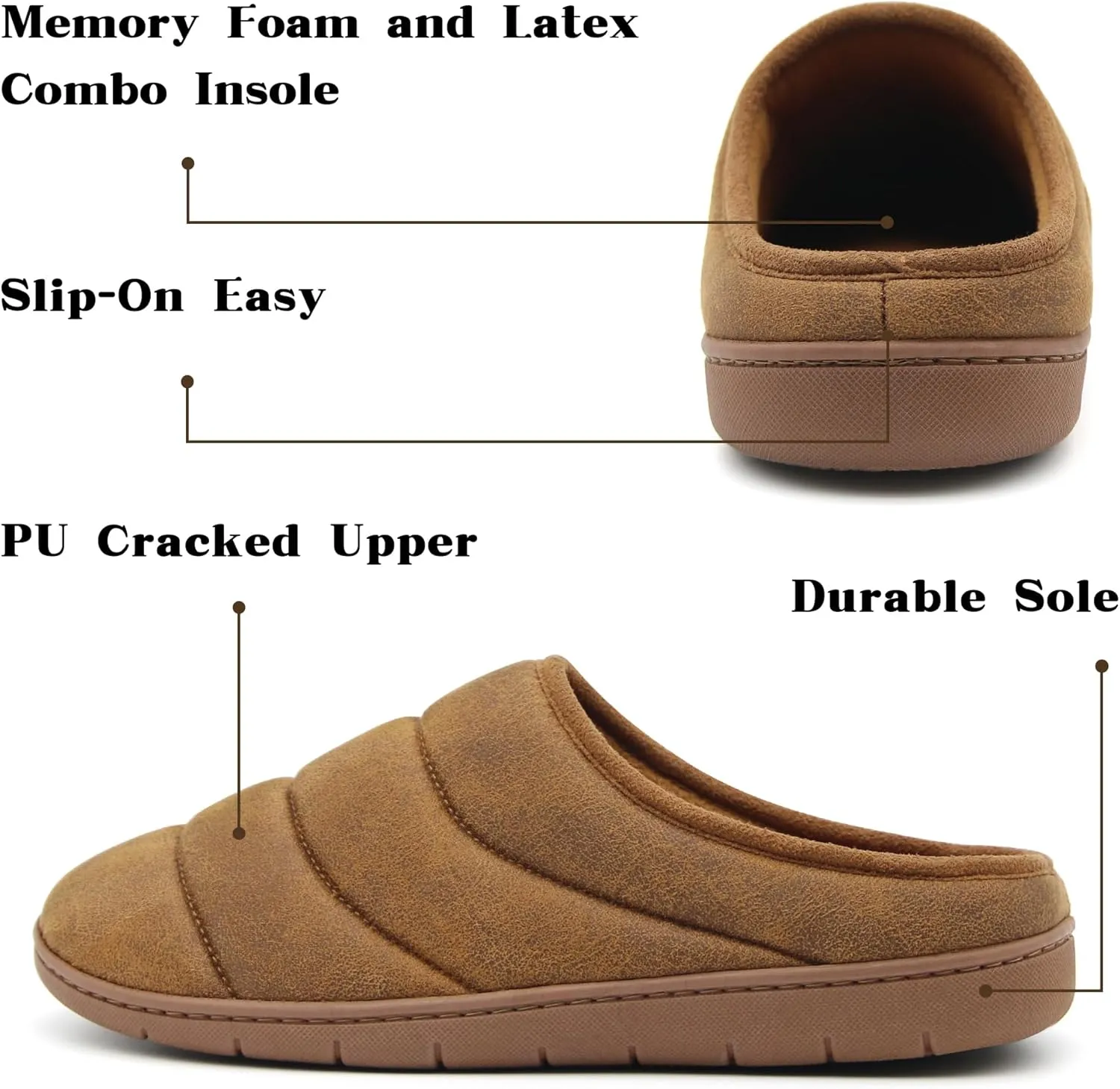 House Slippers for Men, Memory Foam Comfy Mens Slippers with Arch Support, Slip On Men's Bedroom Slipper with Rubber Sole Indoor Outdoor
