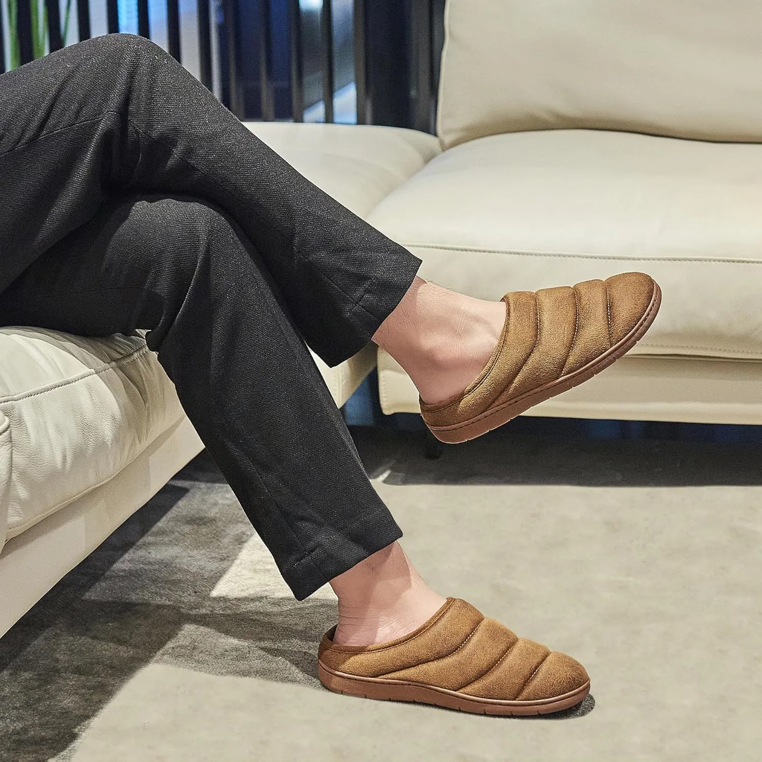 House Slippers for Men, Memory Foam Comfy Mens Slippers with Arch Support, Slip On Men's Bedroom Slipper with Rubber Sole Indoor Outdoor