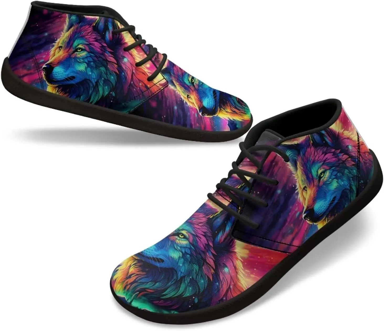 Howilath Wolf Print Barefoot Shoes Men Leather Low Zero Drop Sneaker Casual Running Cross Training Shoe