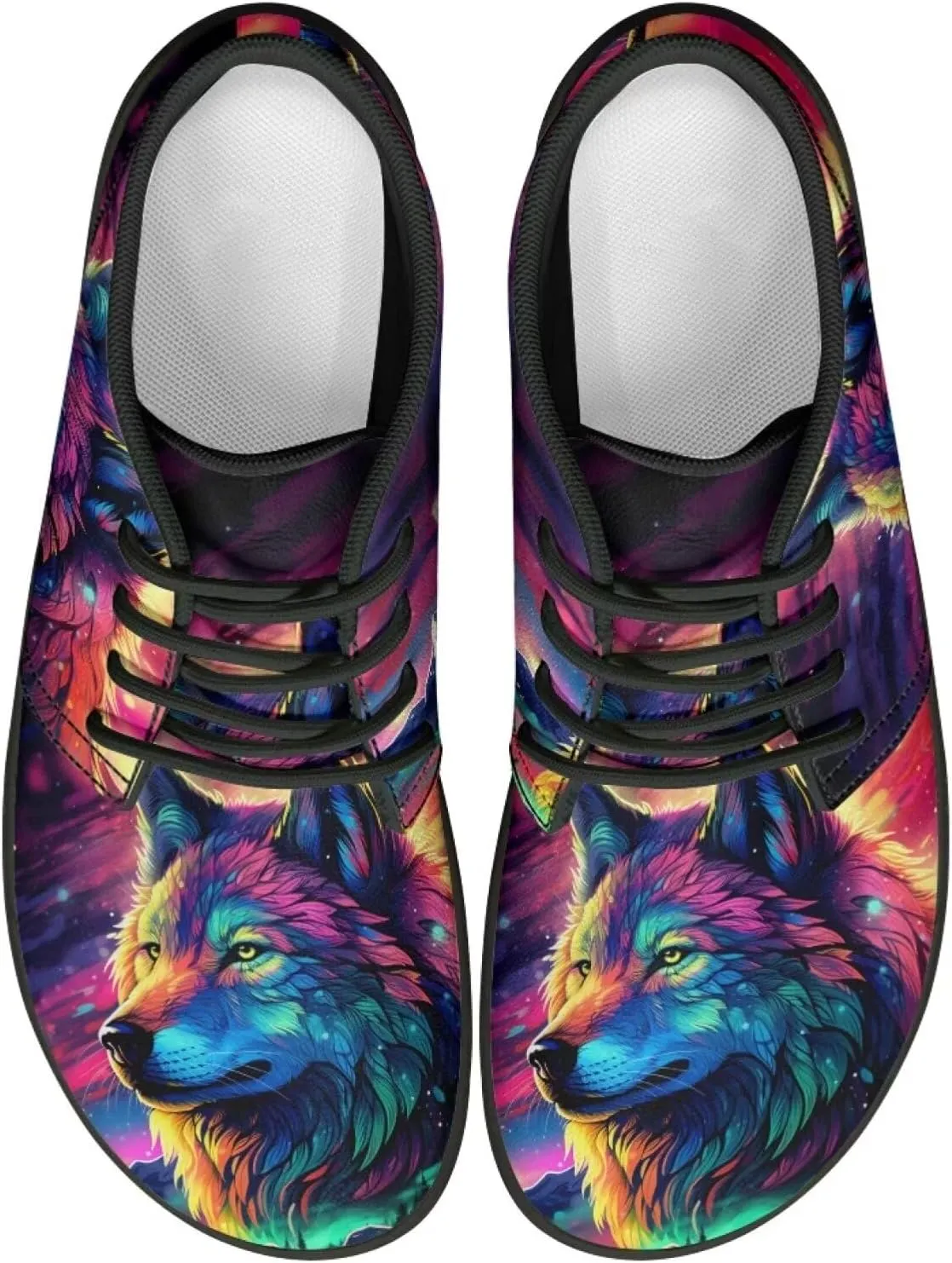 Howilath Wolf Print Barefoot Shoes Men Leather Low Zero Drop Sneaker Casual Running Cross Training Shoe