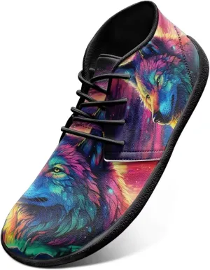 Howilath Wolf Print Barefoot Shoes Men Leather Low Zero Drop Sneaker Casual Running Cross Training Shoe