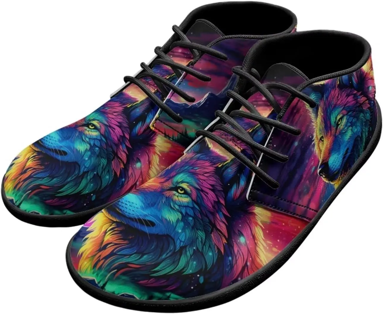 Howilath Wolf Print Barefoot Shoes Men Leather Low Zero Drop Sneaker Casual Running Cross Training Shoe